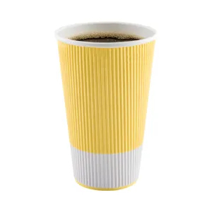 16 oz Light Yellow Paper Coffee Cup - Ripple Wall - 3 1/2" x 3 1/2" x 5 1/2" - 500 count box