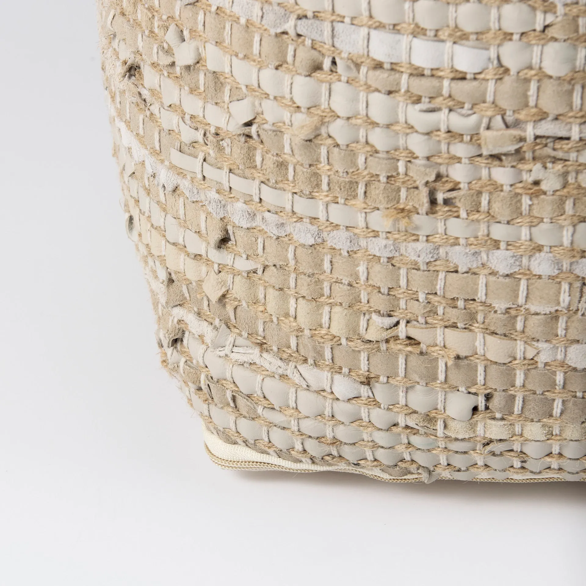 Aalia Stylish 16" Square Pouf in Beige Leather & Jute - Elegant Global Design for Any Space
