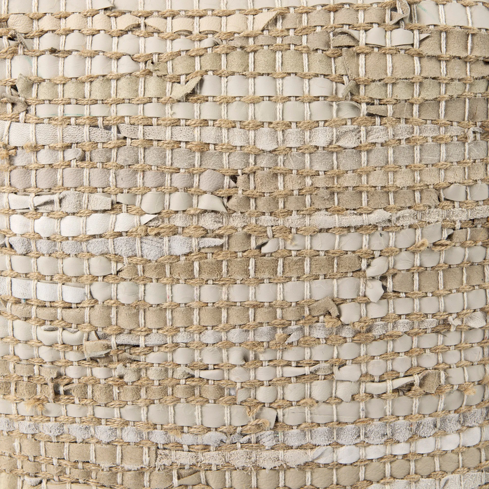 Aalia Stylish 16" Square Pouf in Beige Leather & Jute - Elegant Global Design for Any Space
