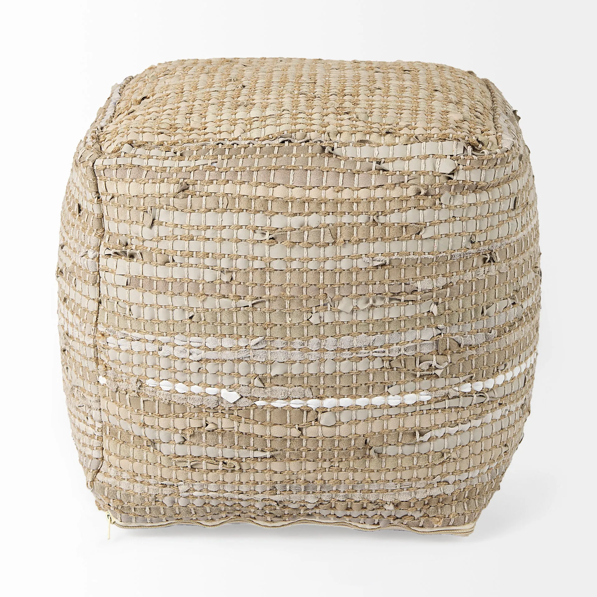 Aalia Stylish 16" Square Pouf in Beige Leather & Jute - Elegant Global Design for Any Space