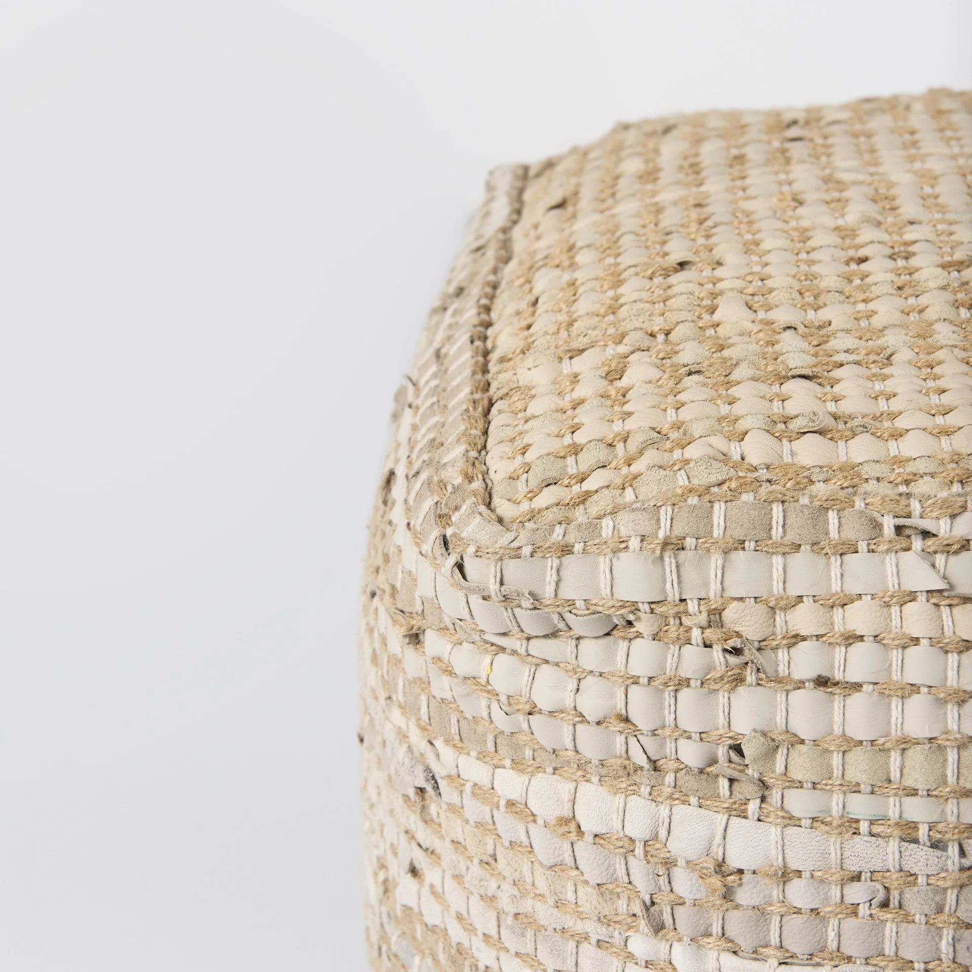 Aalia Stylish 16" Square Pouf in Beige Leather & Jute - Elegant Global Design for Any Space