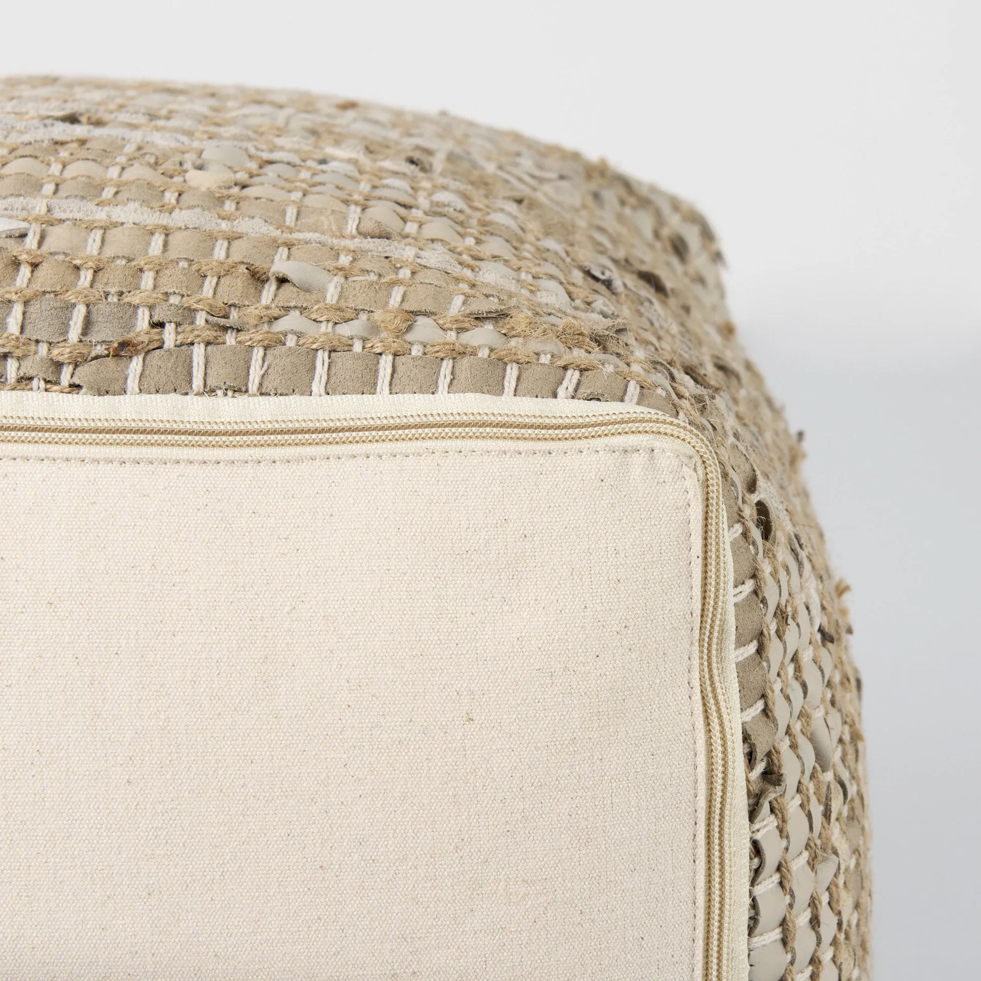 Aalia Stylish 16" Square Pouf in Beige Leather & Jute - Elegant Global Design for Any Space