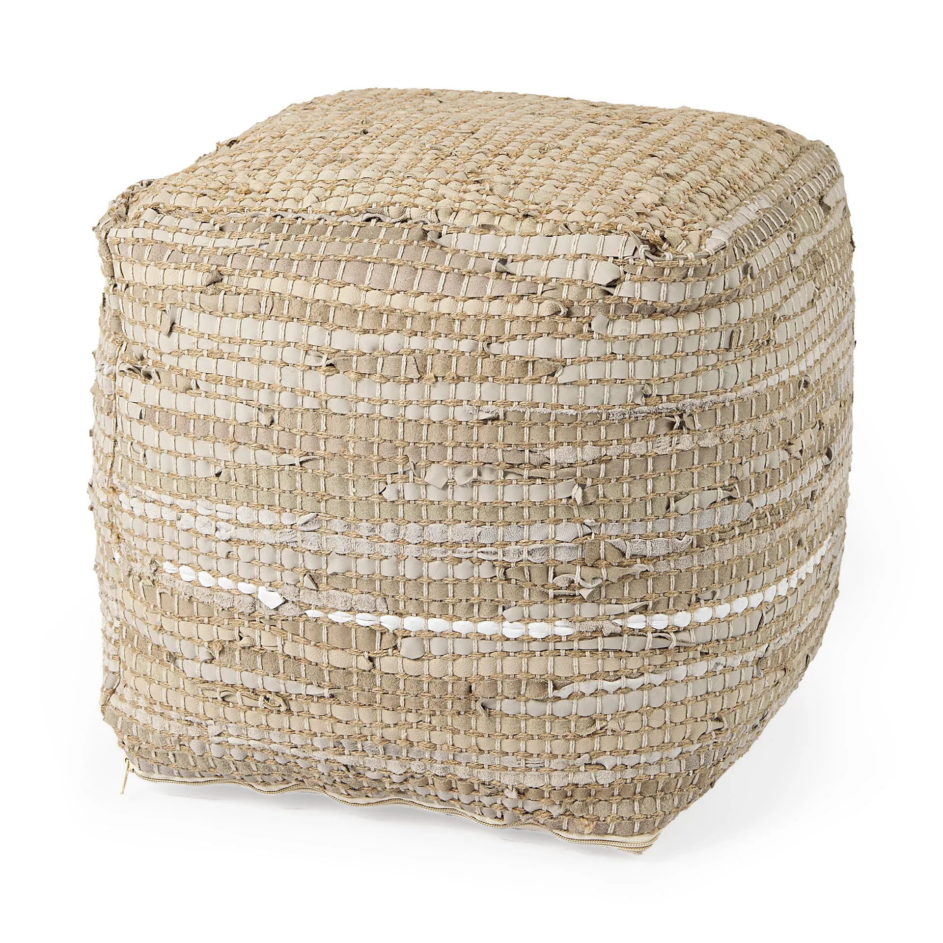 Aalia Stylish 16" Square Pouf in Beige Leather & Jute - Elegant Global Design for Any Space