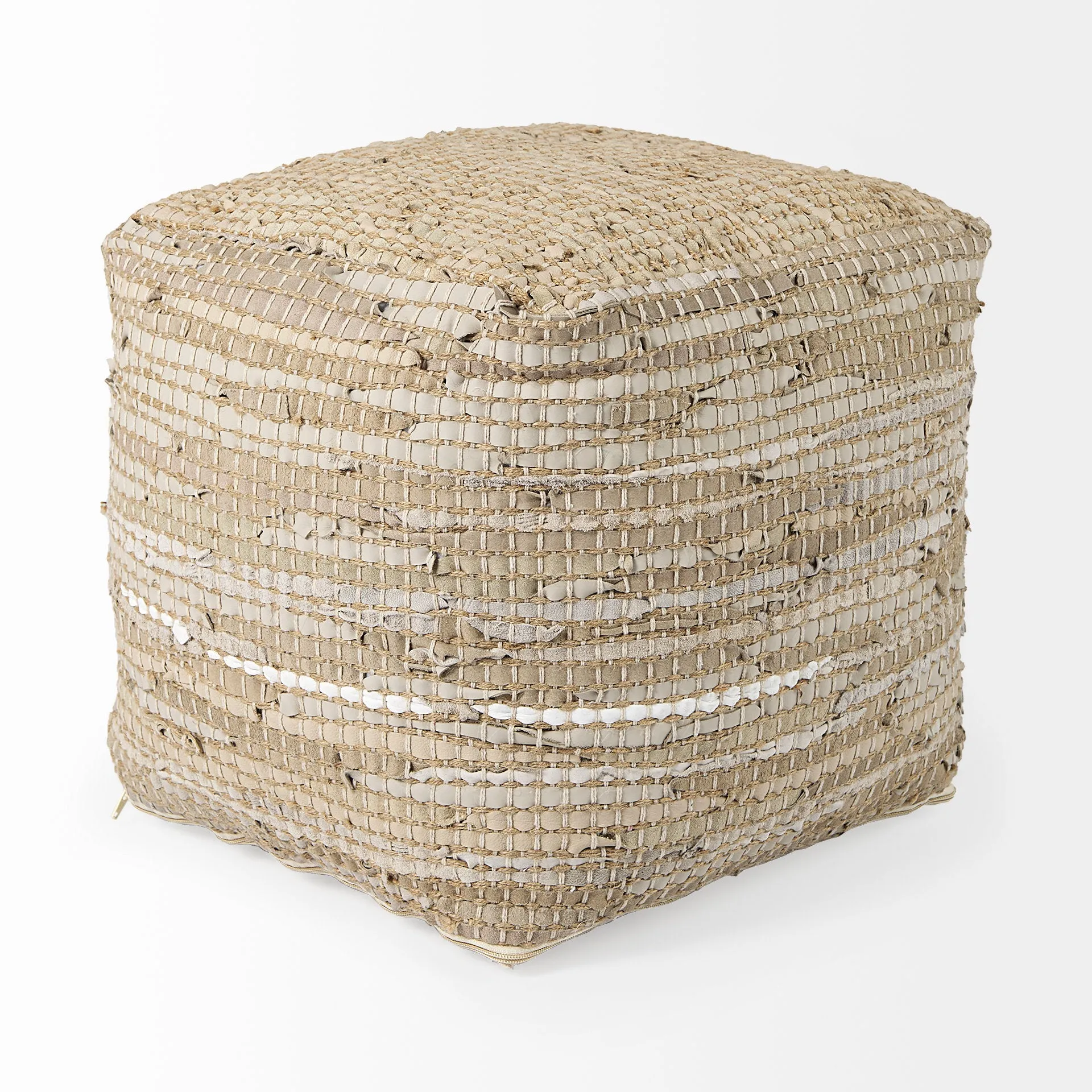 Aalia Stylish 16" Square Pouf in Beige Leather & Jute - Elegant Global Design for Any Space