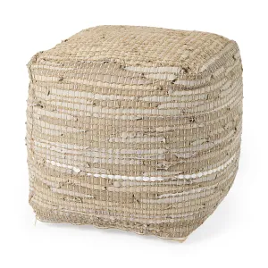 Aalia Stylish 16" Square Pouf in Beige Leather & Jute - Elegant Global Design for Any Space