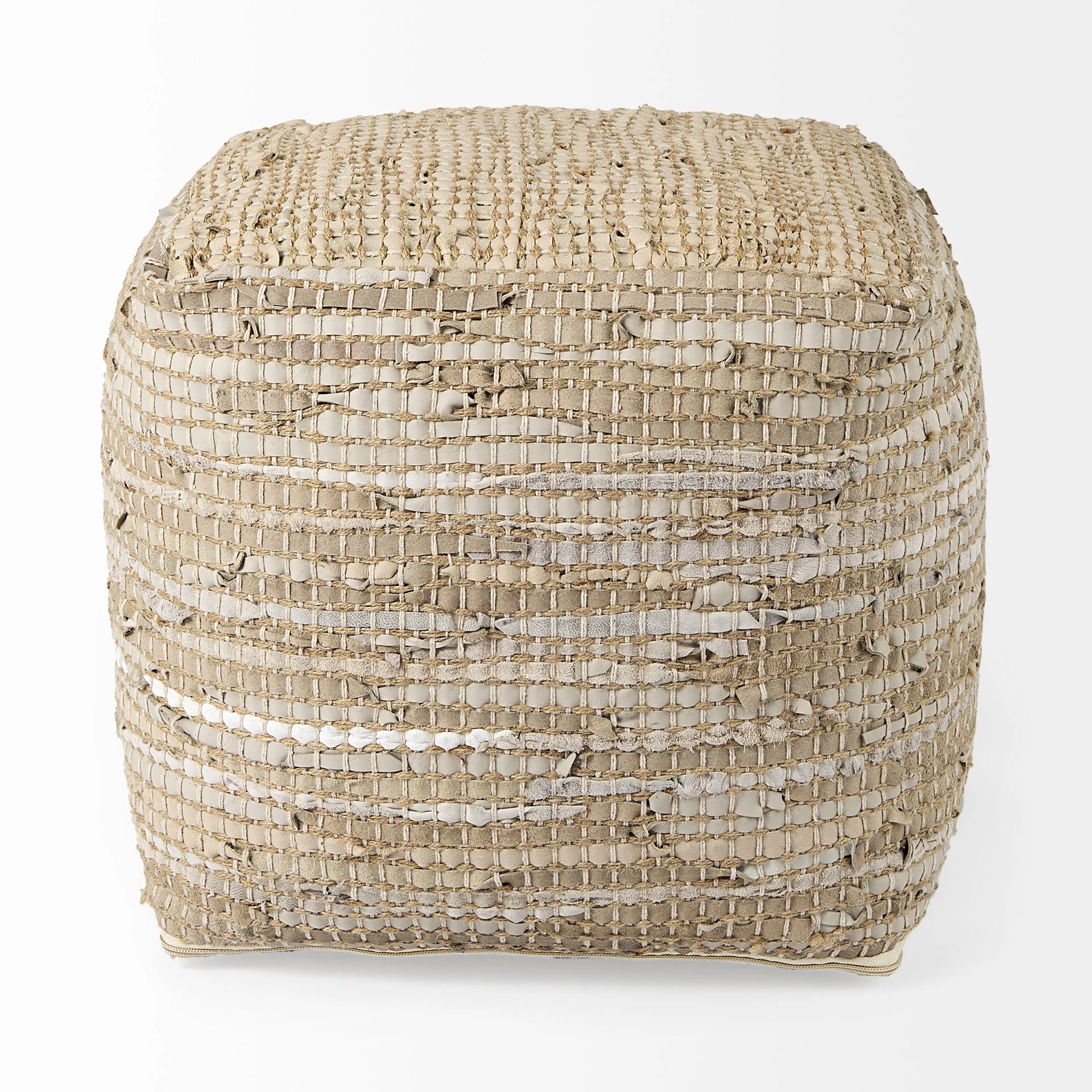 Aalia Stylish 16" Square Pouf in Beige Leather & Jute - Elegant Global Design for Any Space