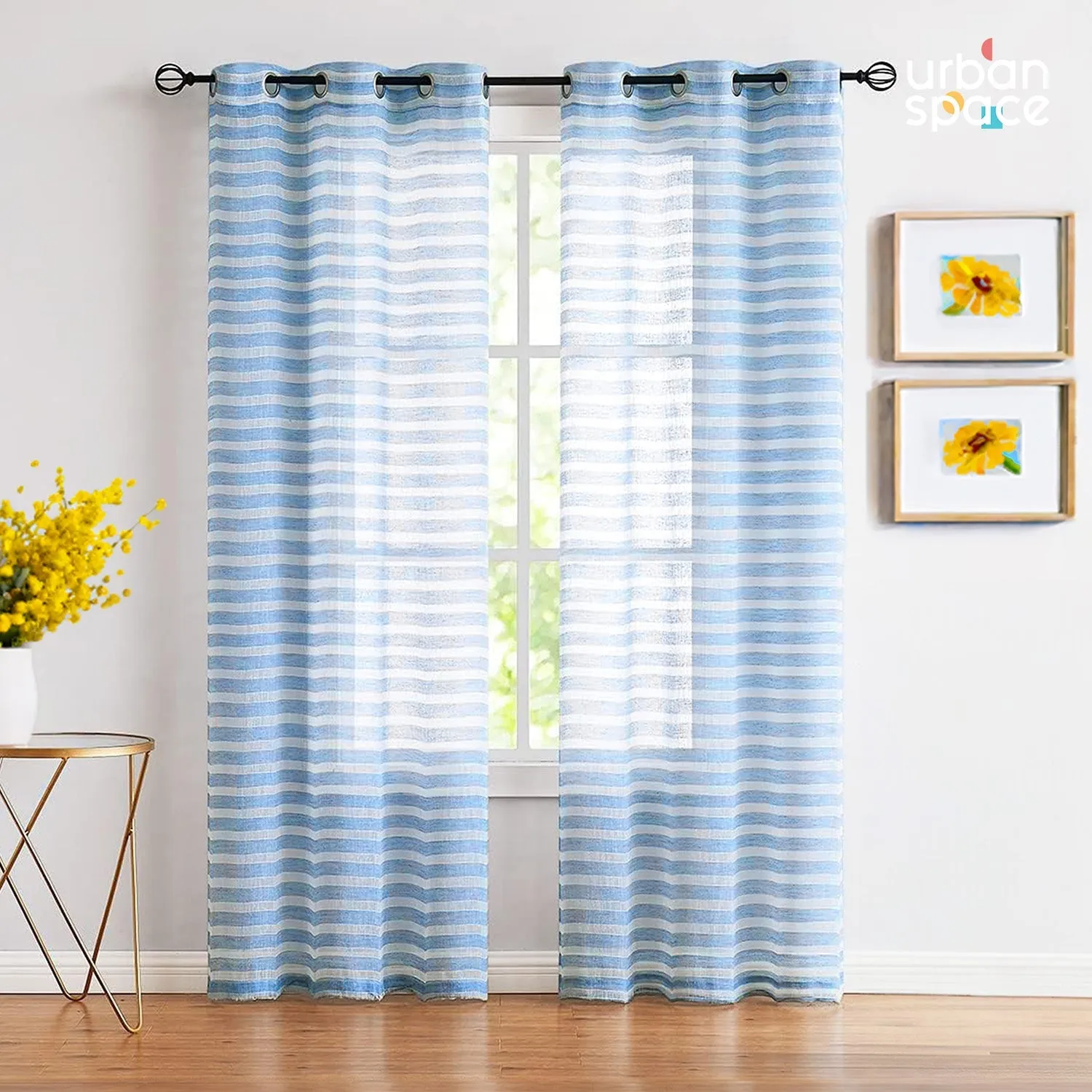 Aari Collection Embriodered Sheer Curtains, 35-40 % Light Filtering Curtains - Pack of 2 - Horizontal Weaves Blue