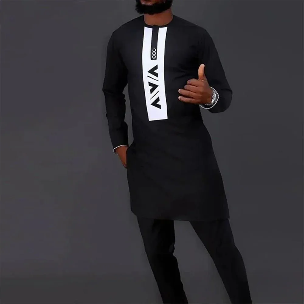 African Style Striped Print Long-Sleeved Men's T-Shirt
