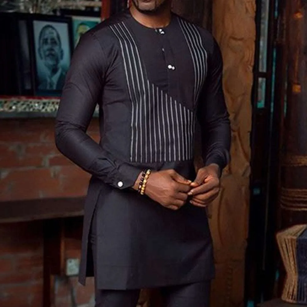 African Style Striped Print Long-Sleeved Men's T-Shirt