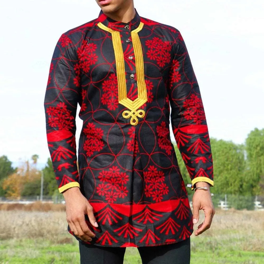 African Style Striped Print Long-Sleeved Men's T-Shirt