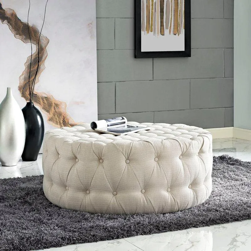 Alhome Linen Beige Pouf Malaysian Wood, Linen Fabric, Beige Color (70x45)