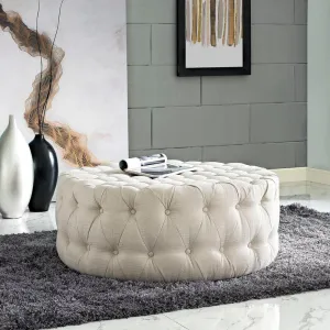 Alhome Linen Beige Pouf Malaysian Wood, Linen Fabric, Beige Color (70x45)
