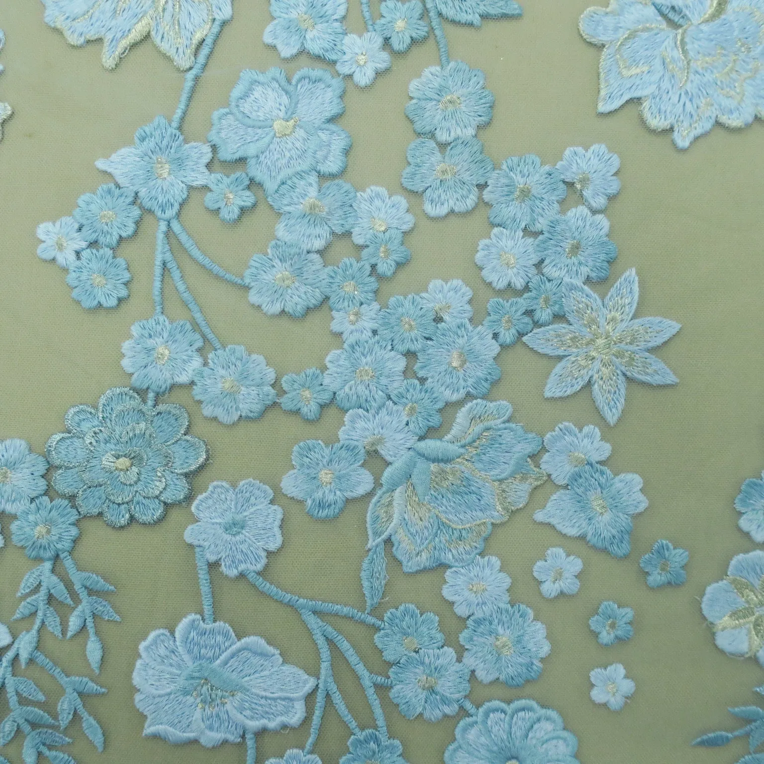 Baby Blue With Silver Floral Embroidered Tulle Fabric