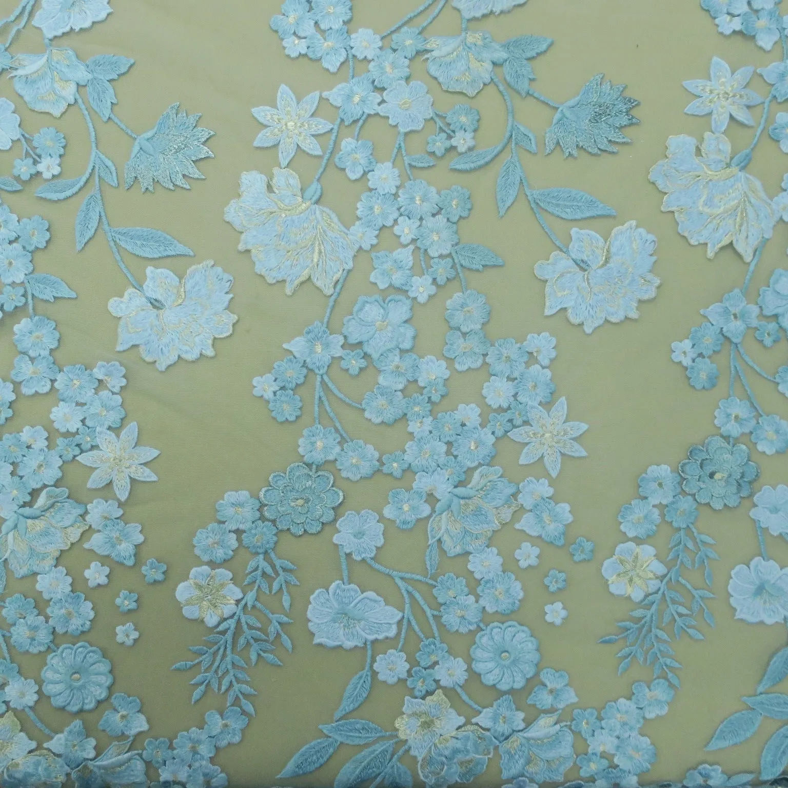 Baby Blue With Silver Floral Embroidered Tulle Fabric