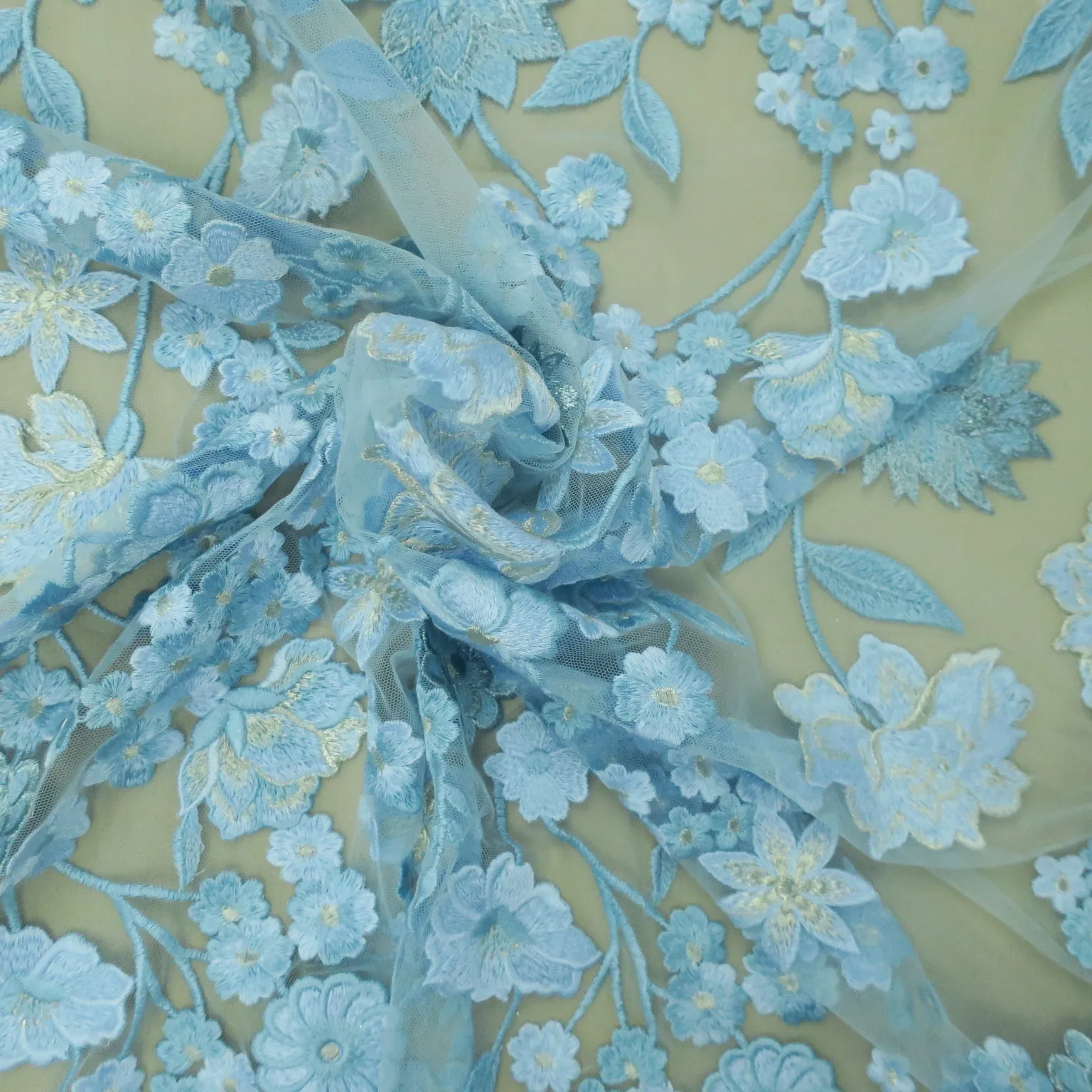 Baby Blue With Silver Floral Embroidered Tulle Fabric