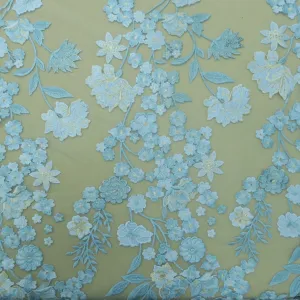 Baby Blue With Silver Floral Embroidered Tulle Fabric