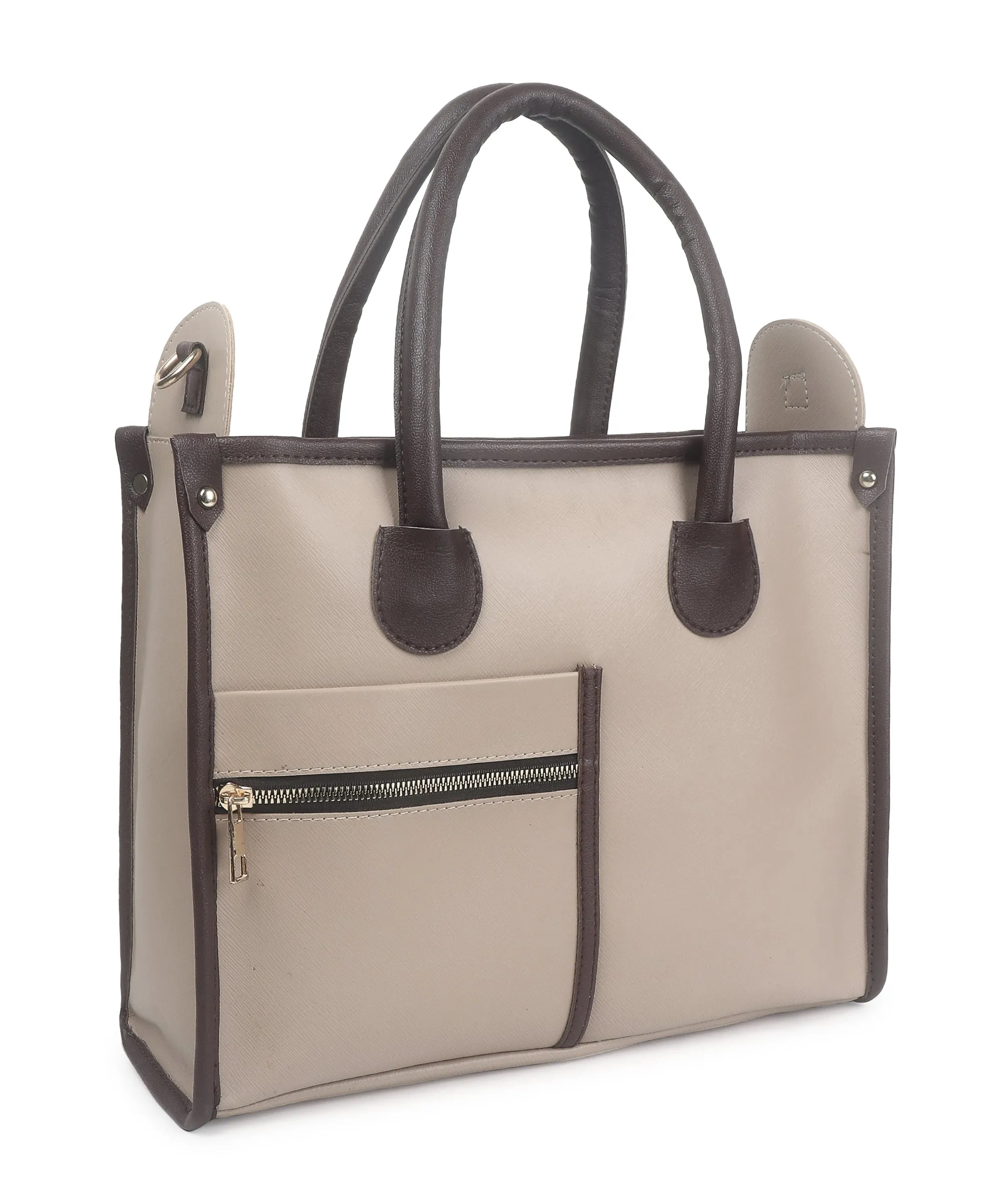 Beige Brown Synthetic Leather Handbag For Women