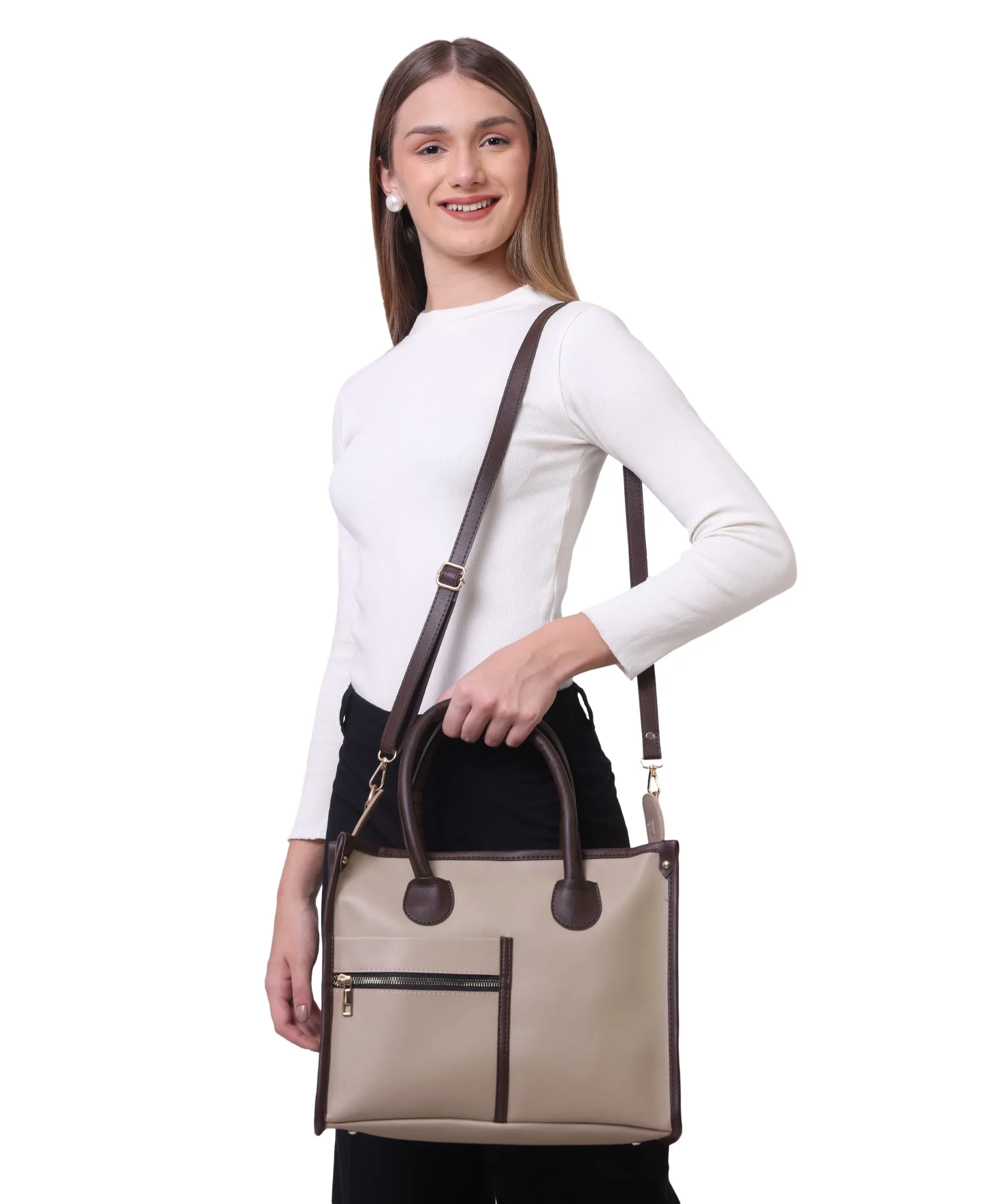 Beige Brown Synthetic Leather Handbag For Women