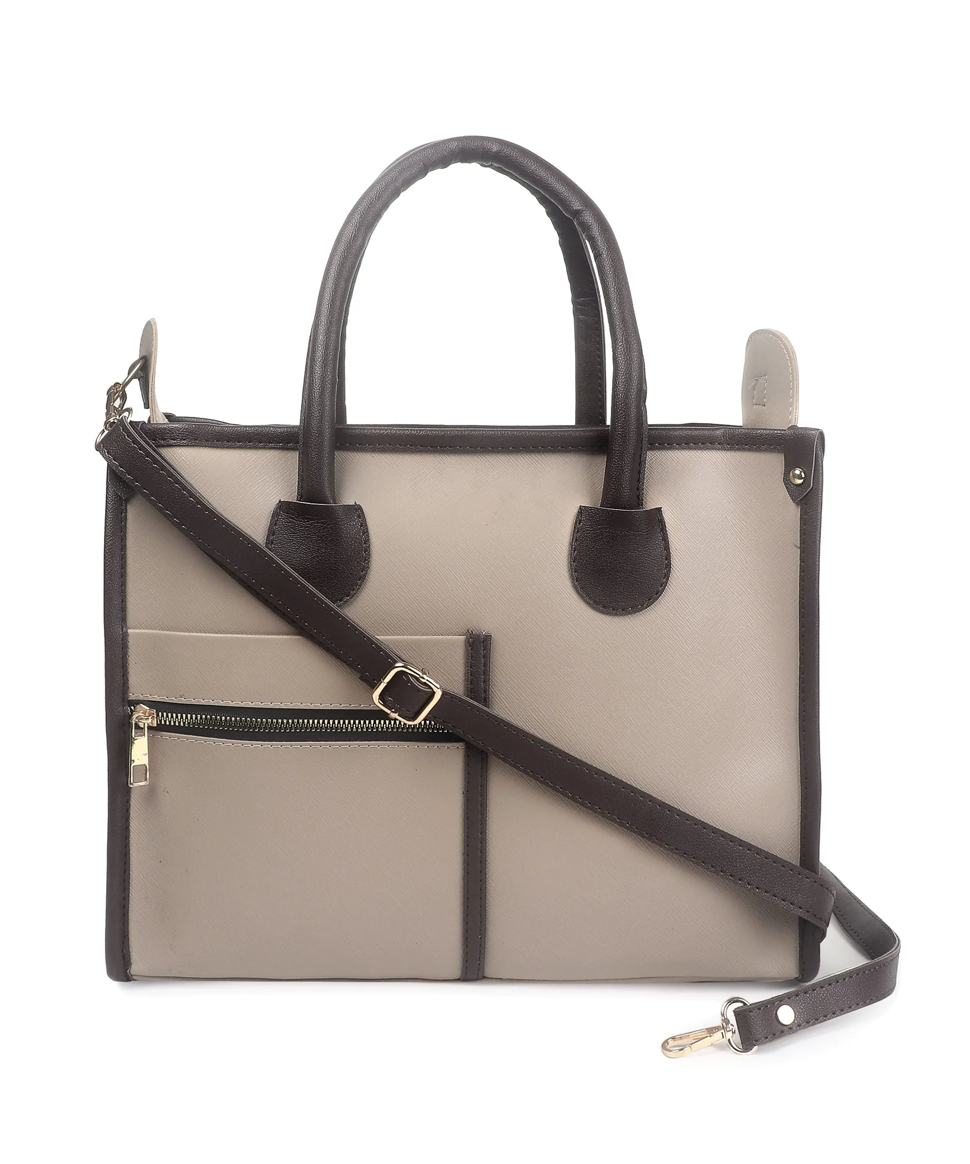 Beige Brown Synthetic Leather Handbag For Women