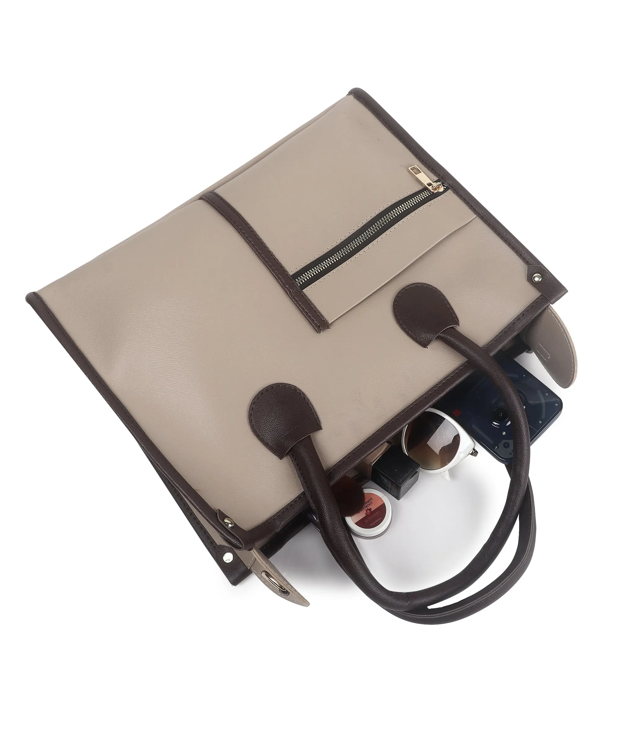 Beige Brown Synthetic Leather Handbag For Women