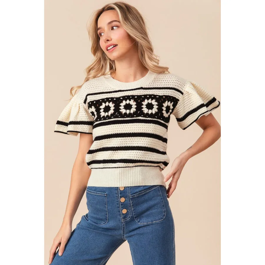 BiBi Granny Square Short Sleeve Striped Sweater