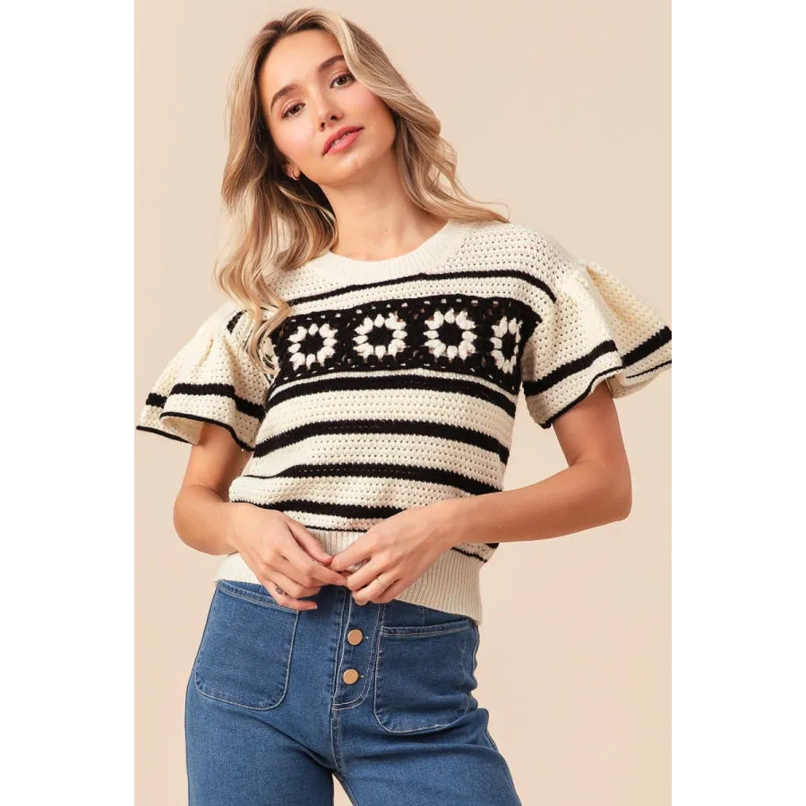 BiBi Granny Square Short Sleeve Striped Sweater