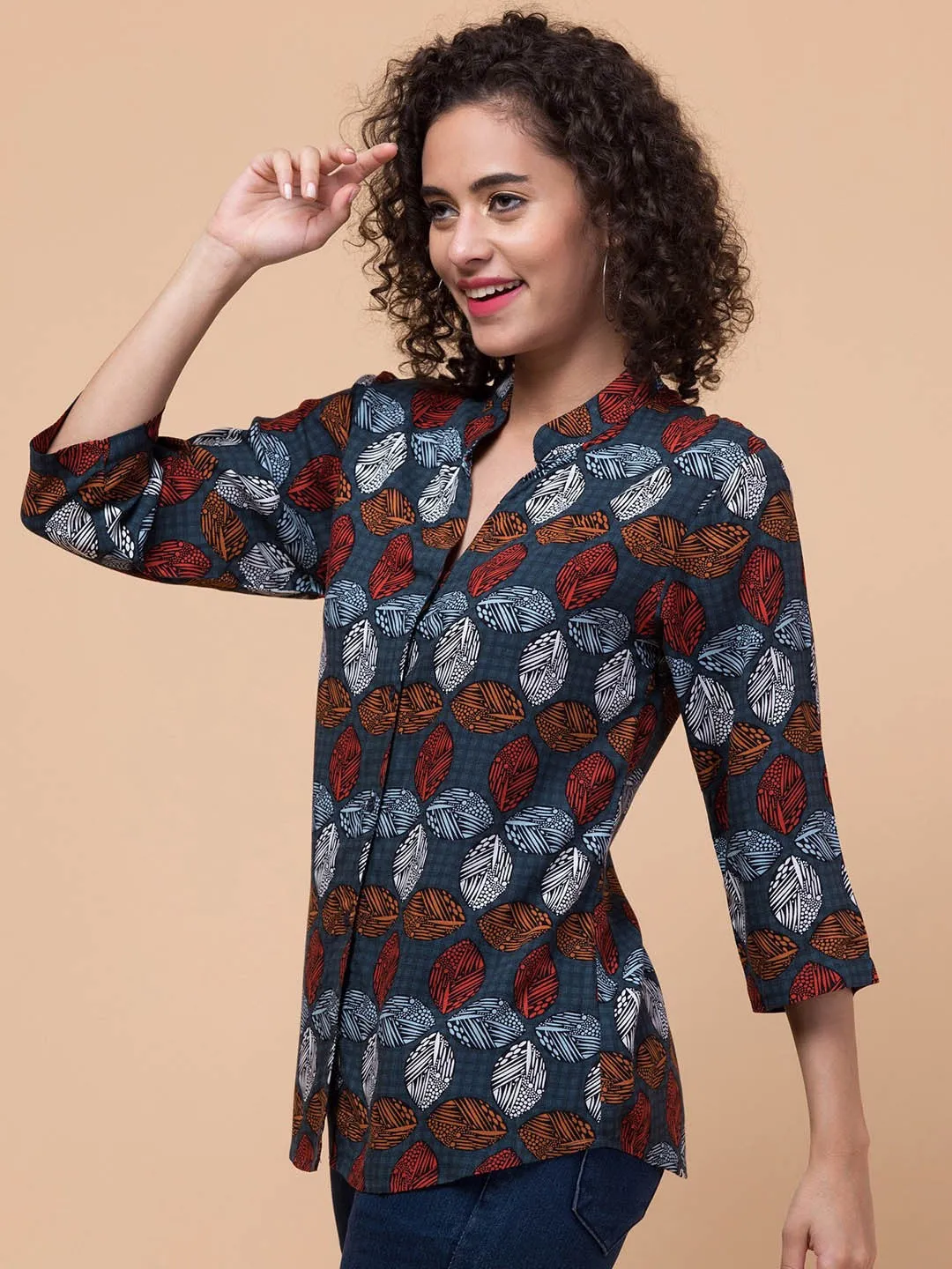 Blue & Brown Shirt Style Top