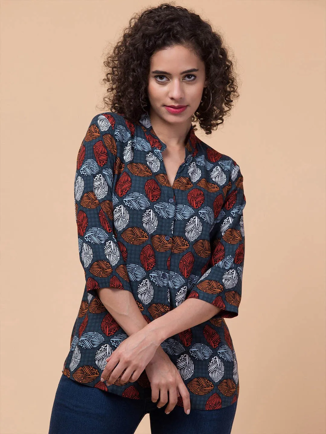 Blue & Brown Shirt Style Top