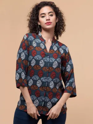 Blue & Brown Shirt Style Top