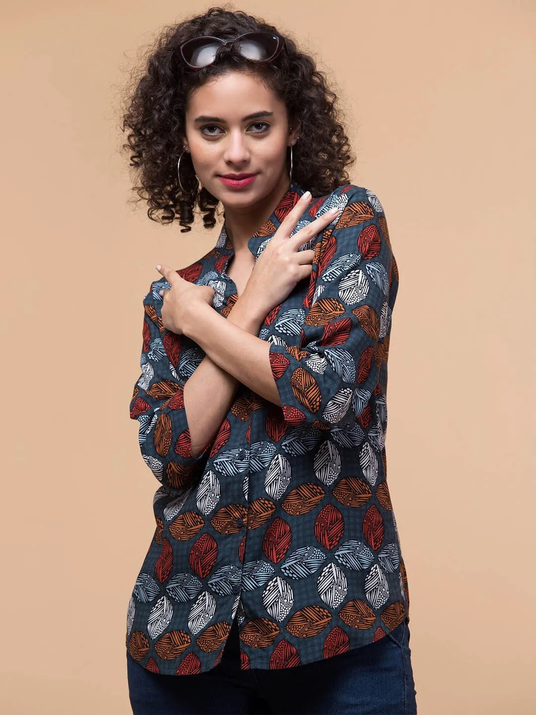 Blue & Brown Shirt Style Top
