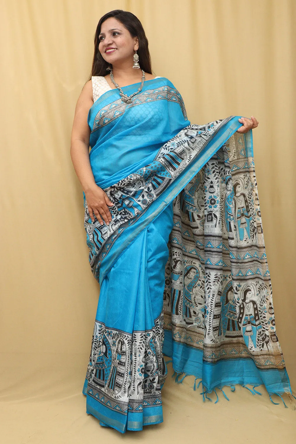 Blue Madhubani Digital Printed Cotton Silk Saree - Elegant Design