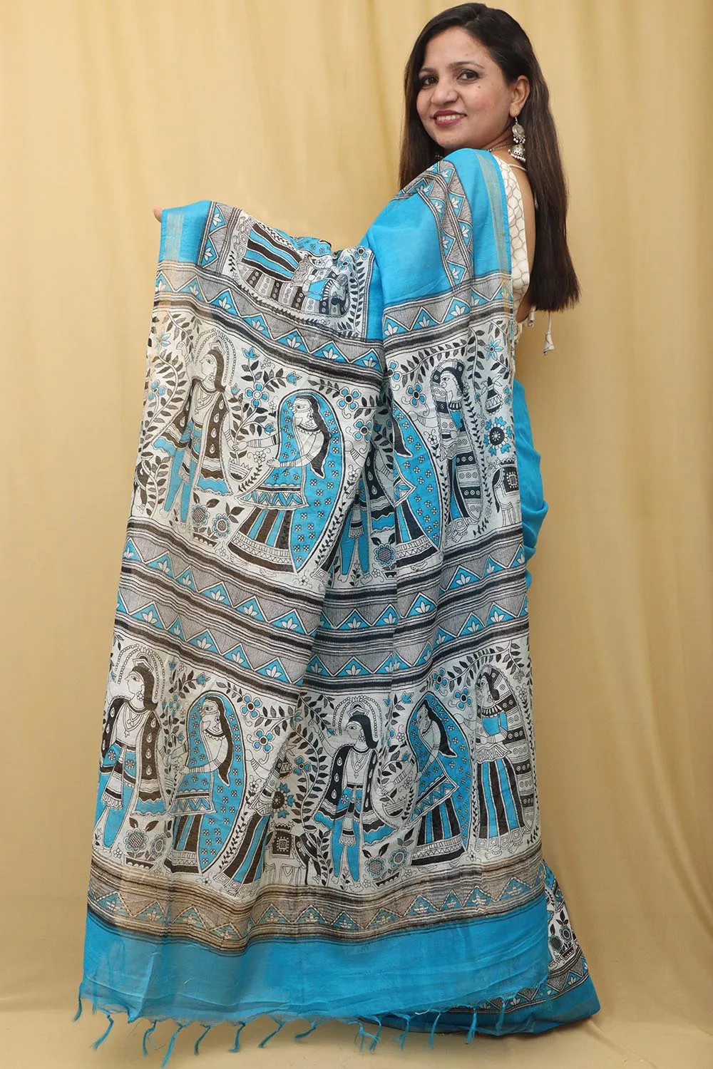 Blue Madhubani Digital Printed Cotton Silk Saree - Elegant Design
