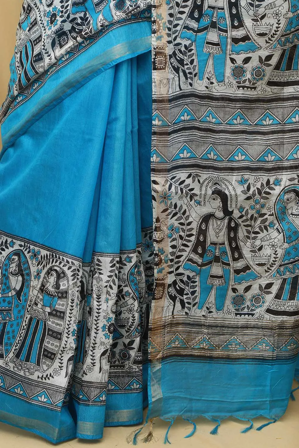 Blue Madhubani Digital Printed Cotton Silk Saree - Elegant Design