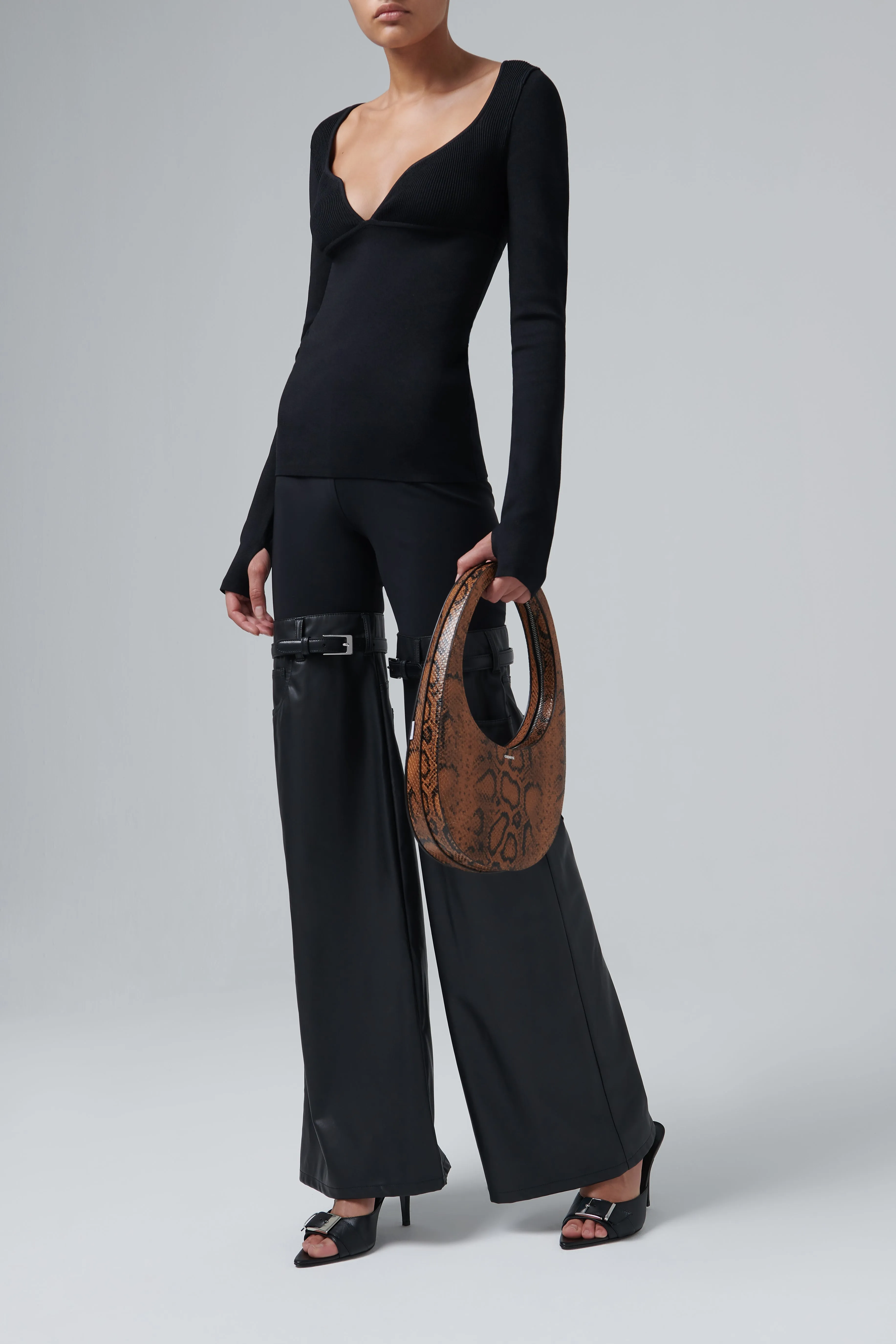 Brown Snake Print Leather Swipe Bag