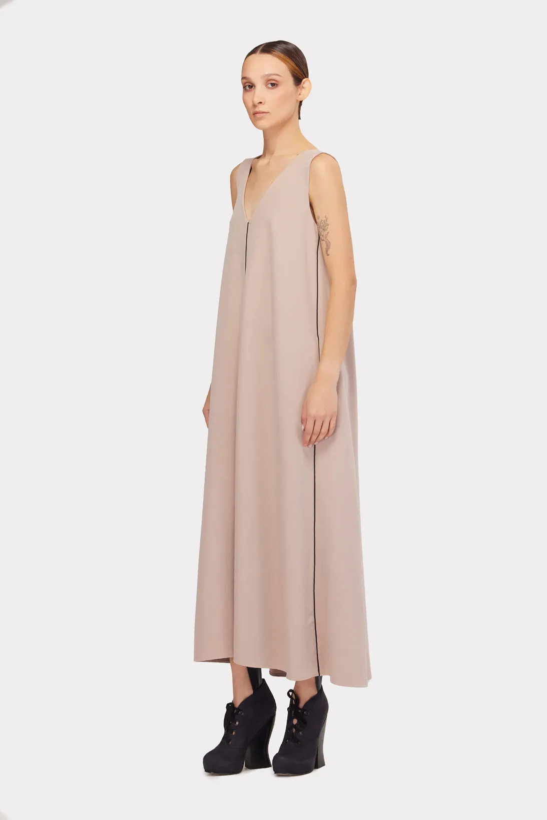 Casual V-Neck Ankle Length Dress Beige