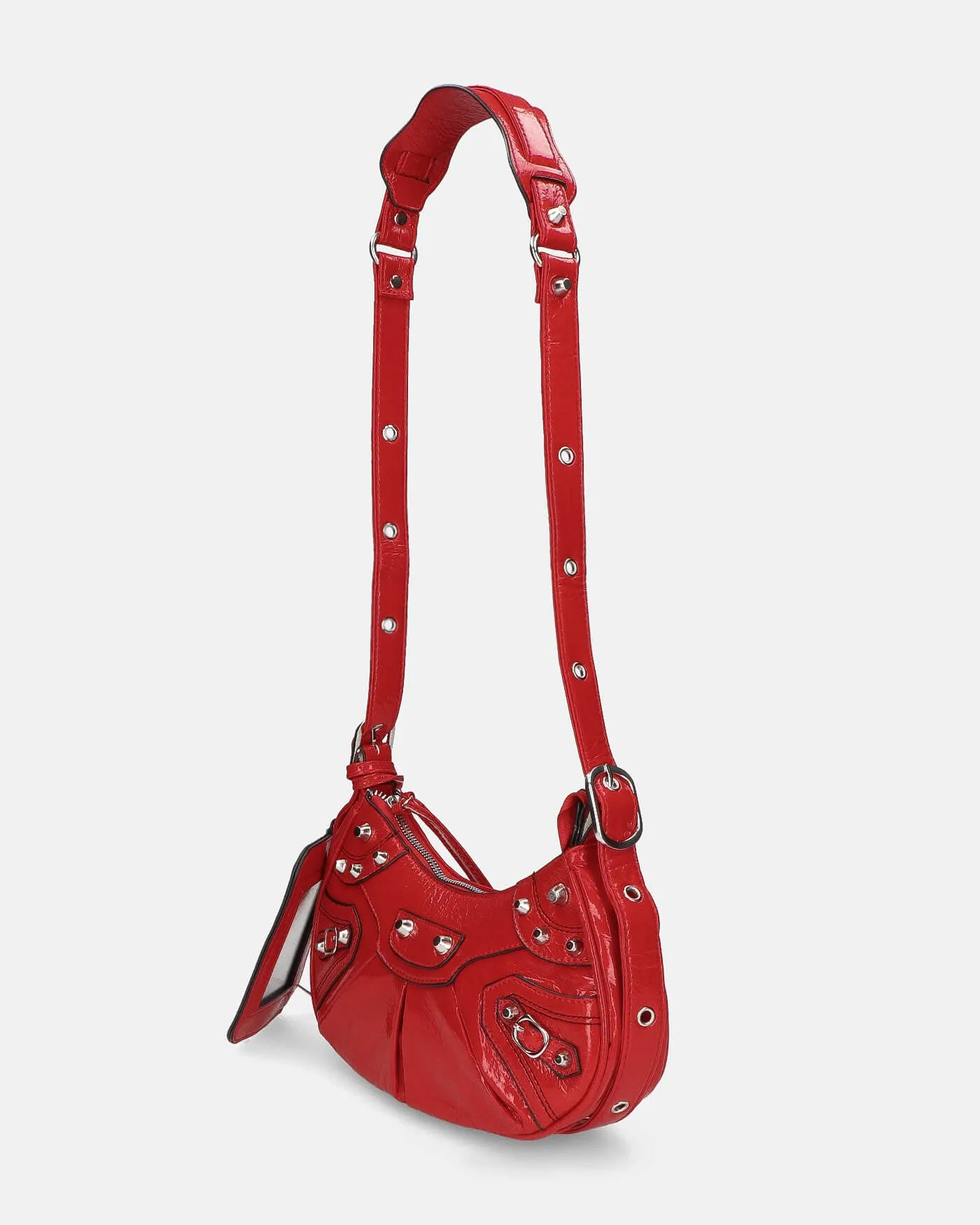 CHARA - borsa a tracolla rossa glassy con borchie argento
