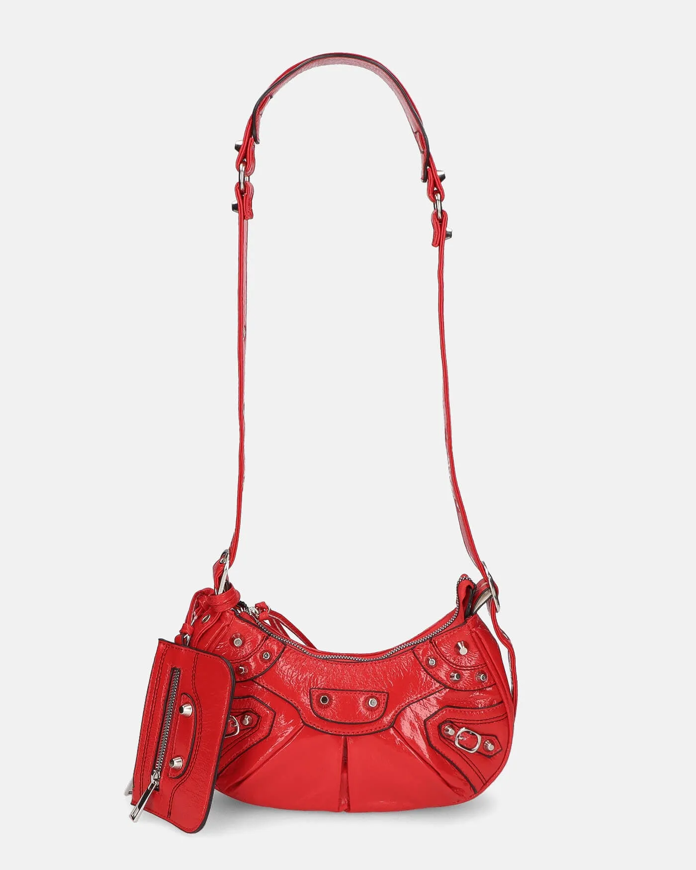 CHARA - borsa a tracolla rossa glassy con borchie argento