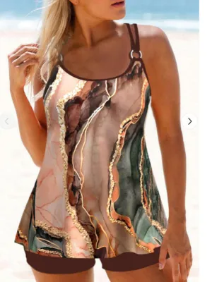 Circular Ring Marble Print Brown Tankini Set