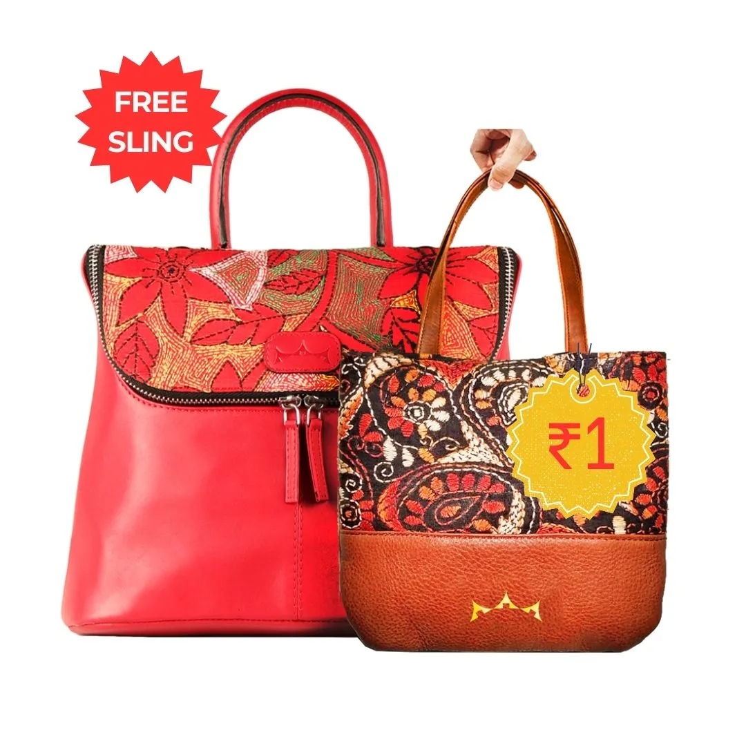 Combo of Leather Embroidery Scarlet Red Handbag & Mini Tote