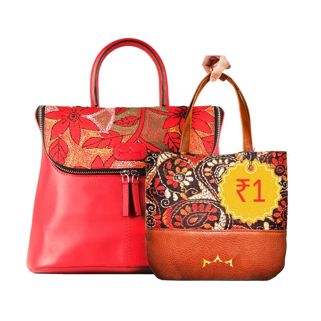 Combo of Leather Embroidery Scarlet Red Handbag & Mini Tote