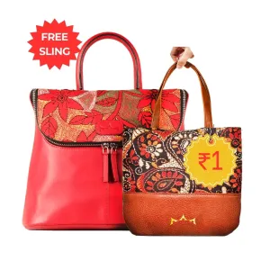 Combo of Leather Embroidery Scarlet Red Handbag & Mini Tote
