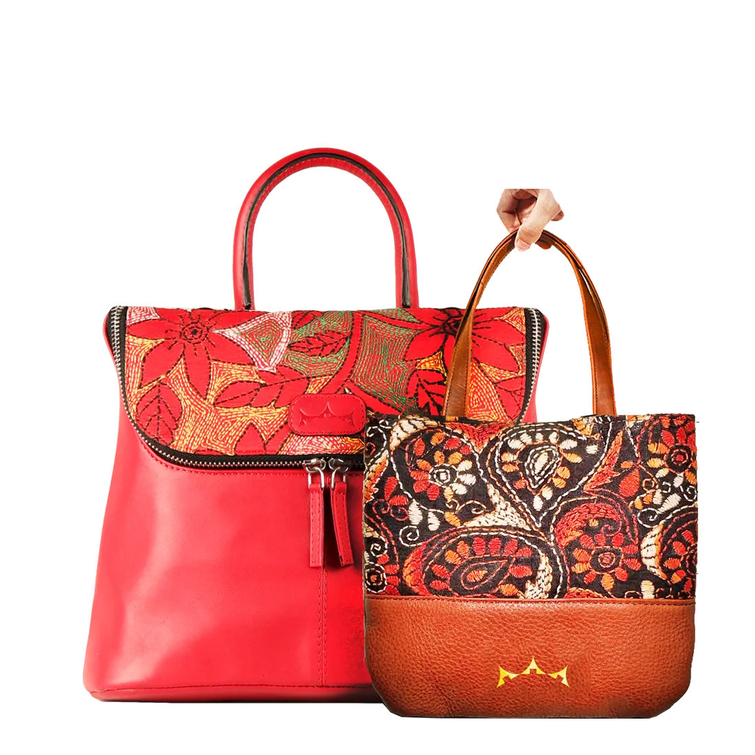 Combo of Leather Embroidery Scarlet Red Handbag & Mini Tote