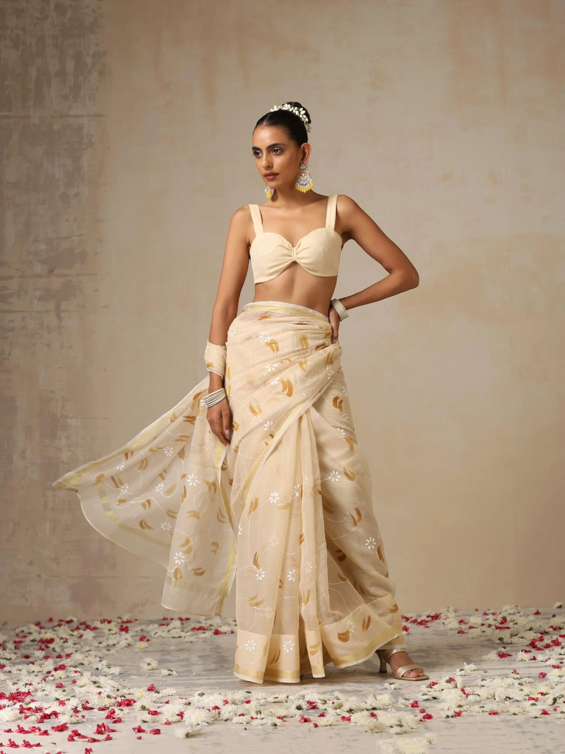 Cream and Brown Hand Painted Kota Saree with Blouse Fabric