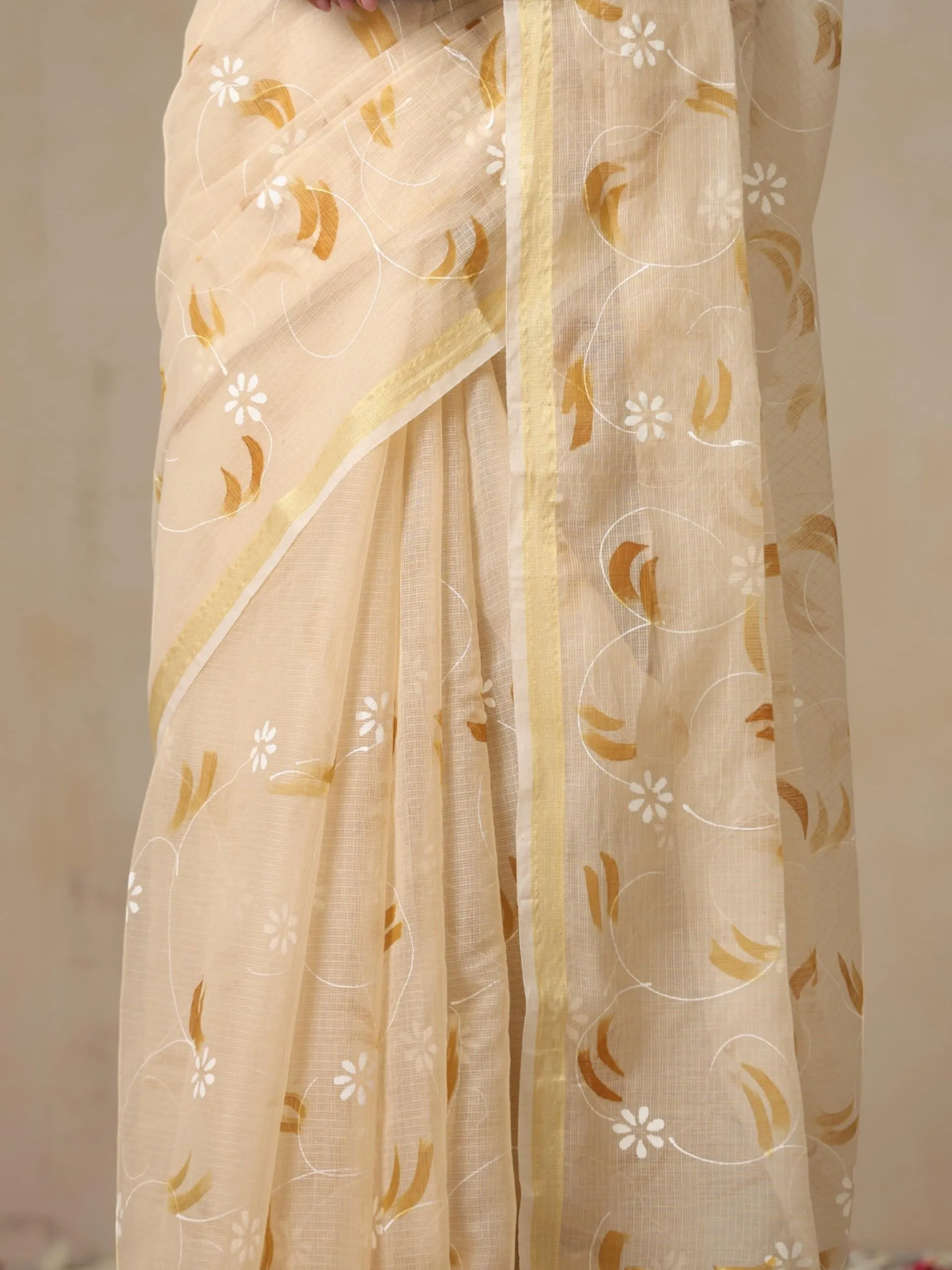 Cream and Brown Hand Painted Kota Saree with Blouse Fabric