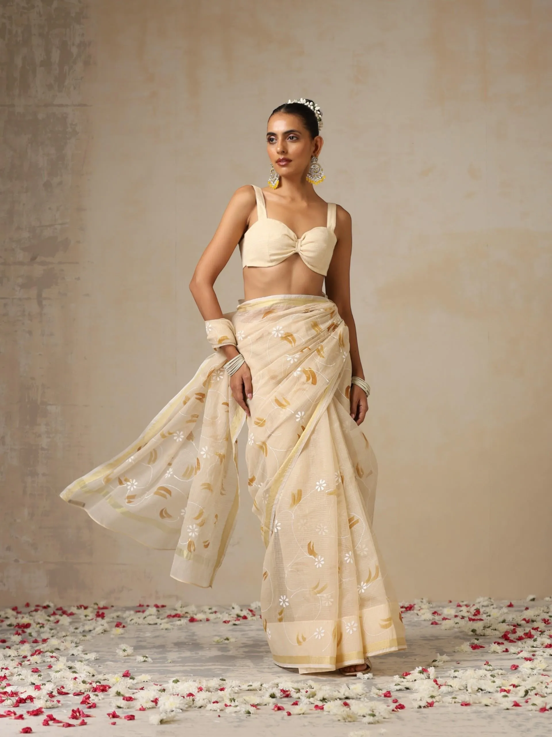 Cream and Brown Hand Painted Kota Saree with Blouse Fabric