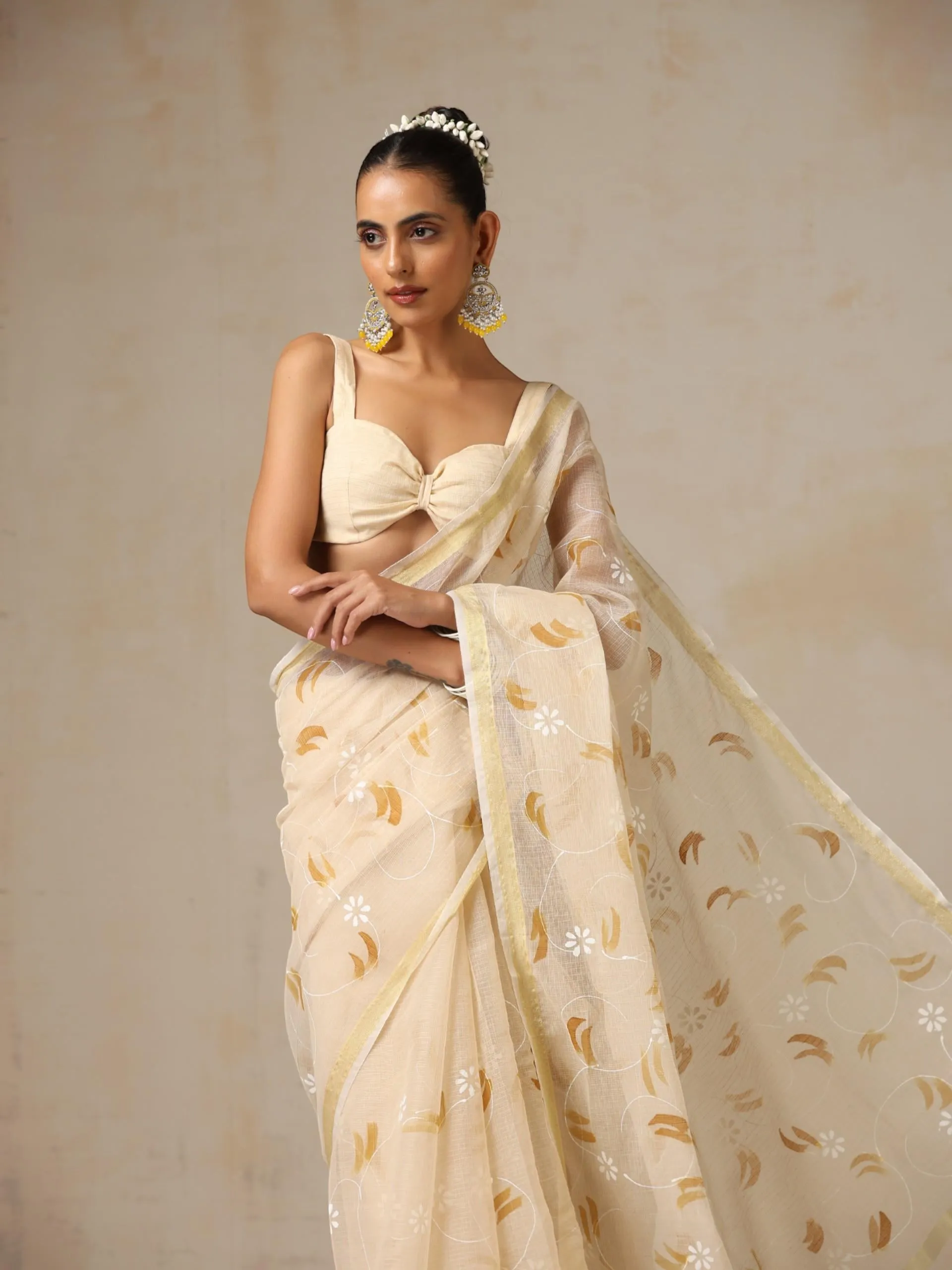 Cream and Brown Hand Painted Kota Saree with Blouse Fabric