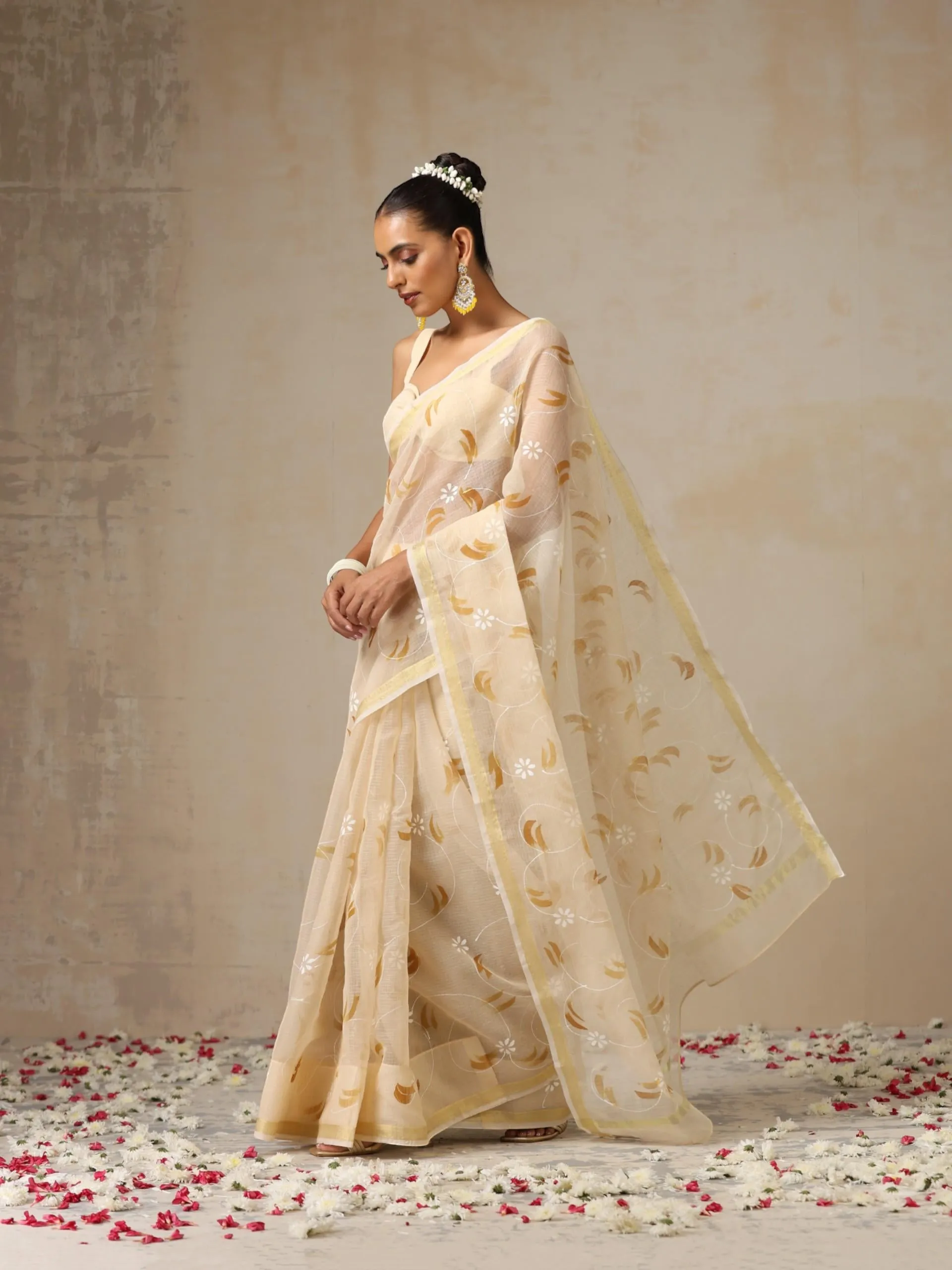 Cream and Brown Hand Painted Kota Saree with Blouse Fabric