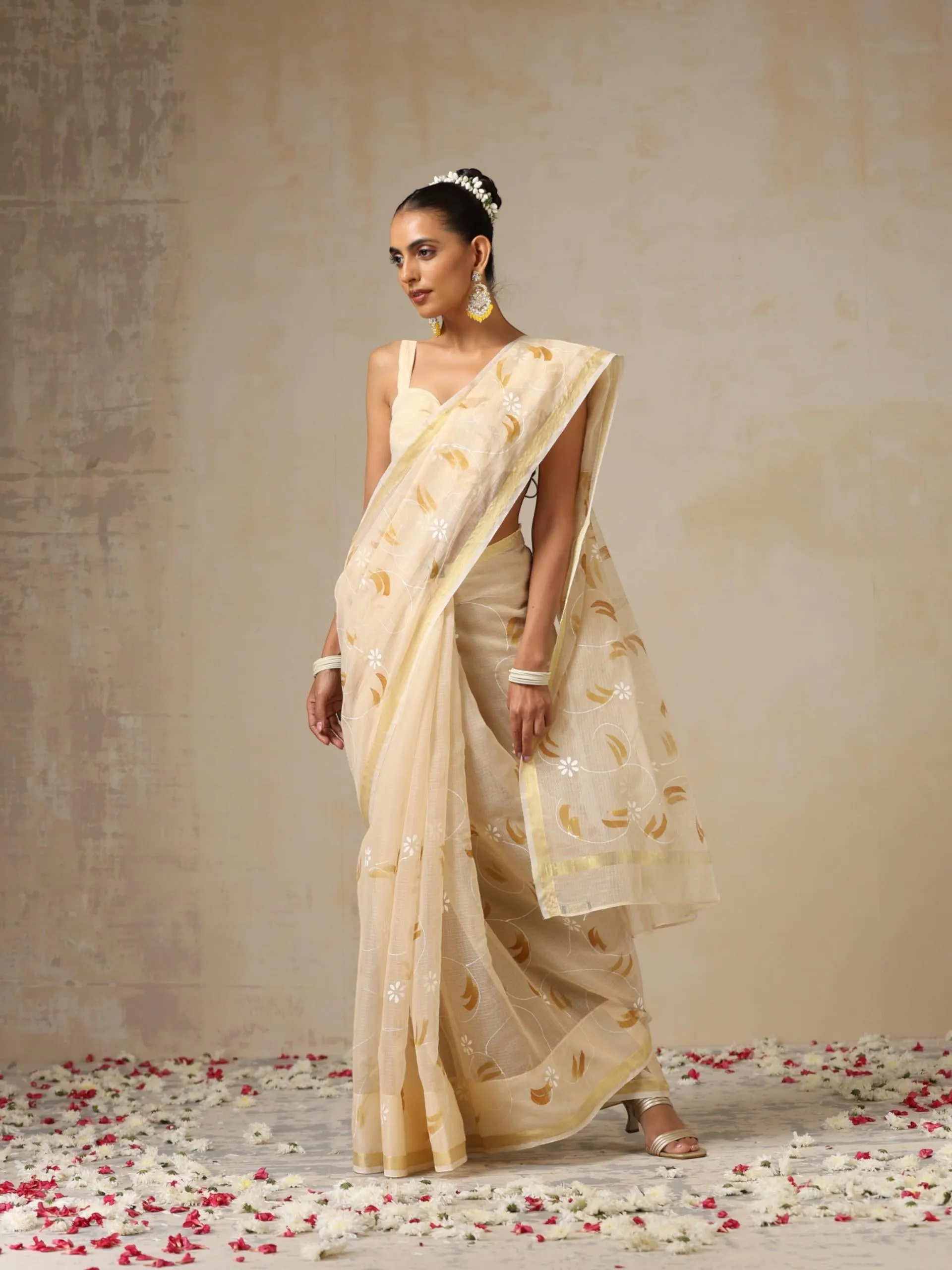 Cream and Brown Hand Painted Kota Saree with Blouse Fabric