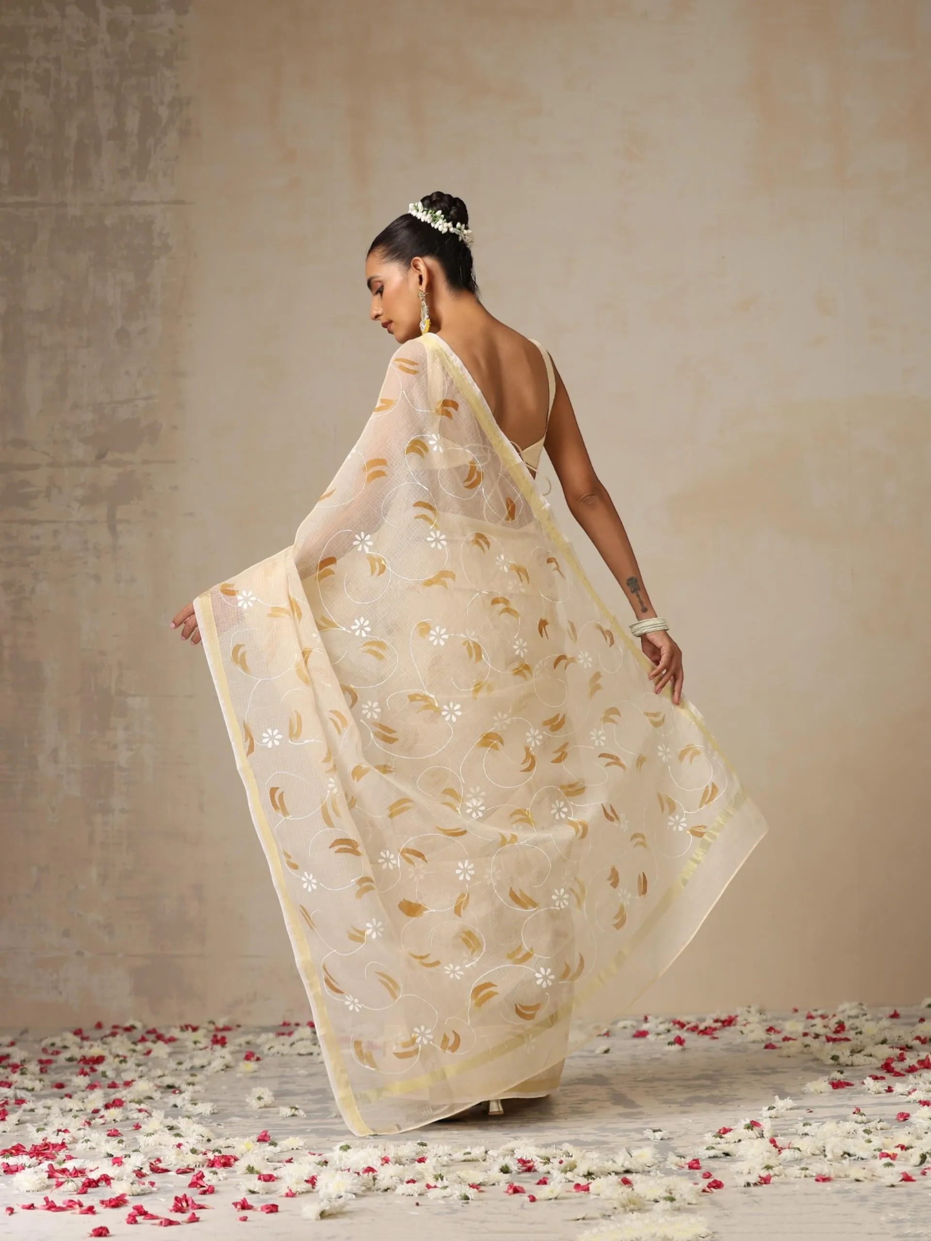 Cream and Brown Hand Painted Kota Saree with Blouse Fabric
