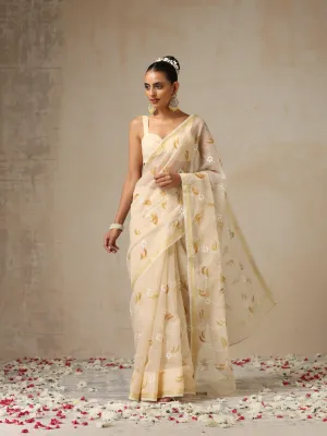 Cream and Brown Hand Painted Kota Saree with Blouse Fabric